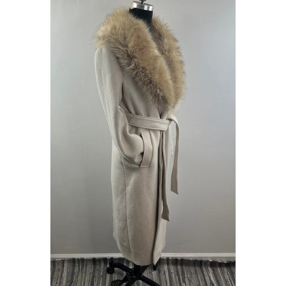 ZARA Long Wool Beige Coat Lined Knit Pockets Faux Fur Neck Back Slit Sz Medium M - Picture 4 of 12